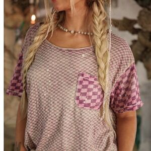 Magnolia Pearl Short Sleeve Pink Green Checkered Shirt w/ Pocket Distressed NWT